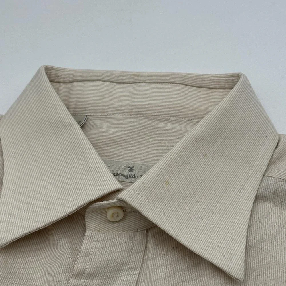 Ermenegildo Zegna Mens Beige Micro Stripe Cotton Button Down‎ Shirt Size 42 16.5